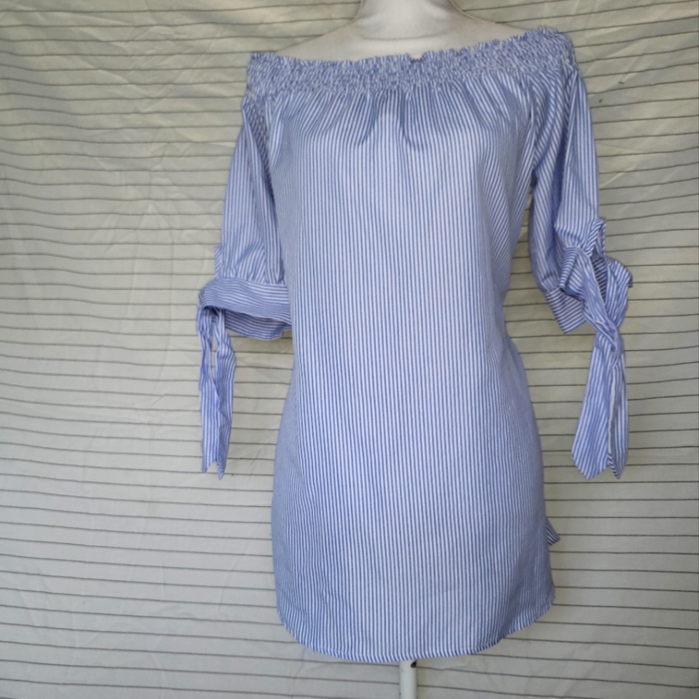 Blue and white stripped off the shoulder tie sleeve top